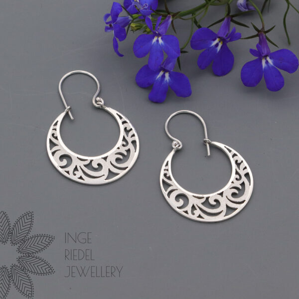 Leafy Scroll Crescent Earrings – Sterling Silver Dangle / Chandelier Leafy Scroll Crescent Earrings - Sterling Silver