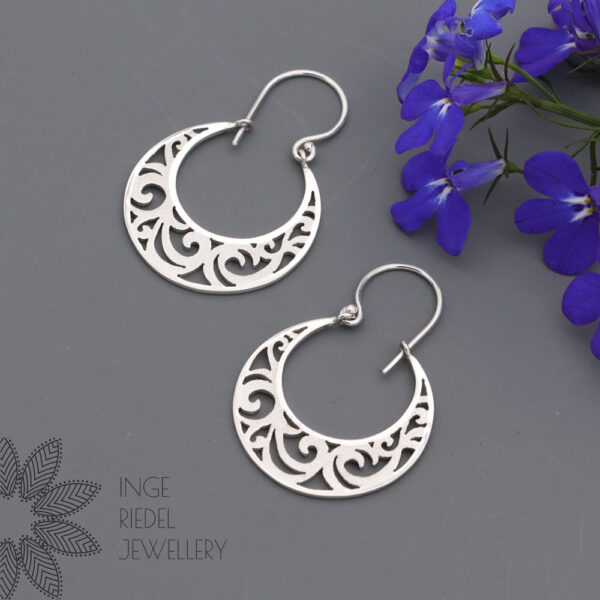 Leafy Scroll Crescent Earrings – Sterling Silver Dangle / Chandelier Leafy Scroll Crescent Earrings - Sterling Silver