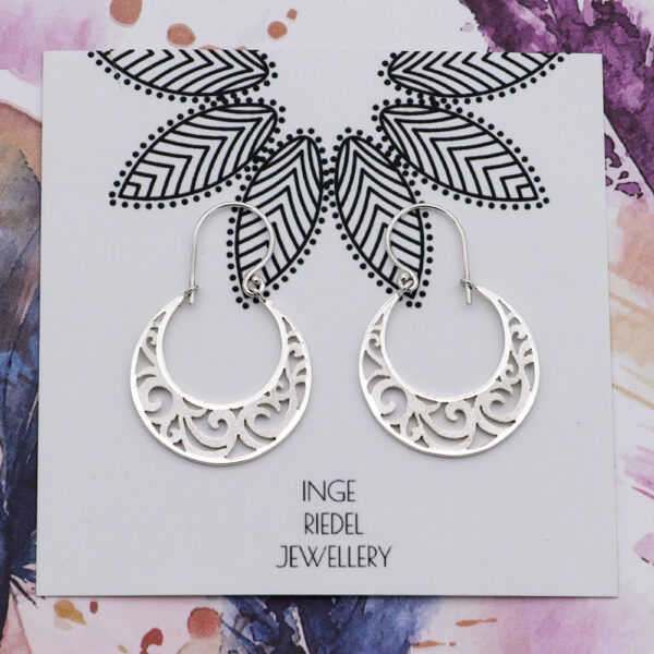 Leafy Scroll Crescent Earrings – Sterling Silver Dangle / Chandelier Leafy Scroll Crescent Earrings - Sterling Silver