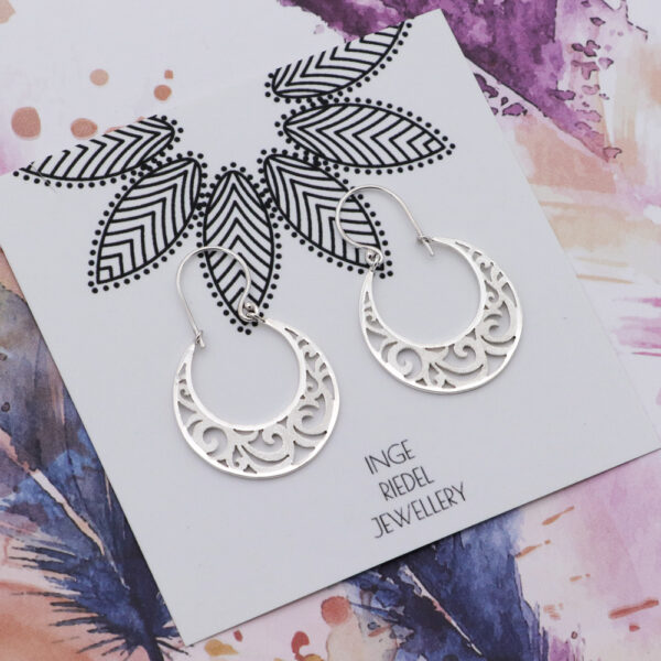 Leafy Scroll Crescent Earrings – Sterling Silver Dangle / Chandelier Leafy Scroll Crescent Earrings - Sterling Silver