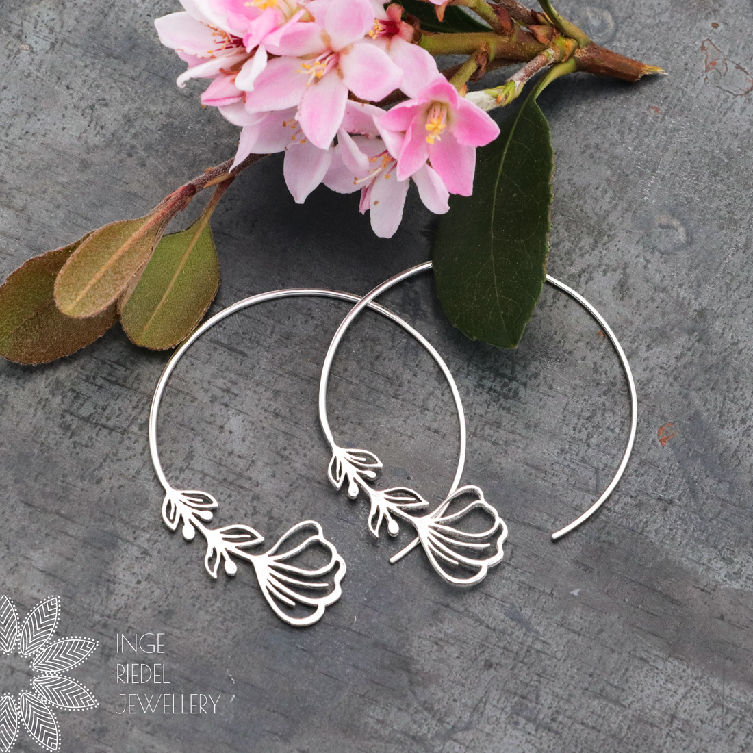 Floral sterling silver hoops