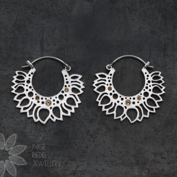 Sterling Silver Sunflower and Citrine Hoop Earrings