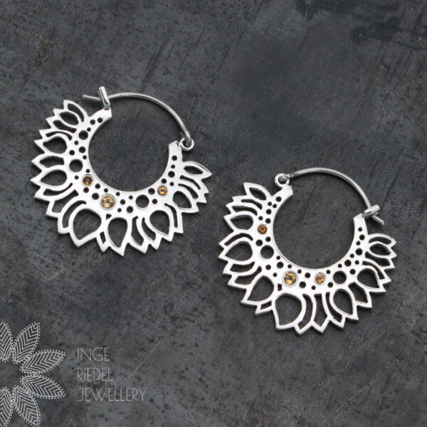 Sterling Silver Sunflower and Citrine Hoop Earrings