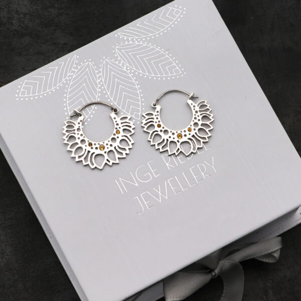 Sterling Silver Sunflower and Citrine Hoop Earrings