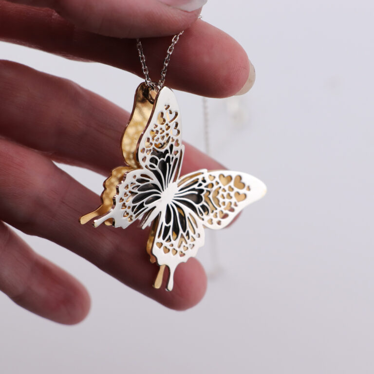 Silver & Gold Heart Butterfly Necklace