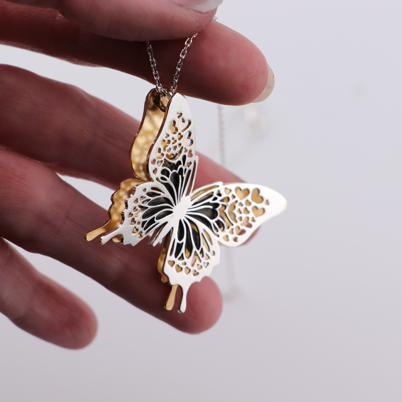 Silver & Gold Heart Butterfly Necklace