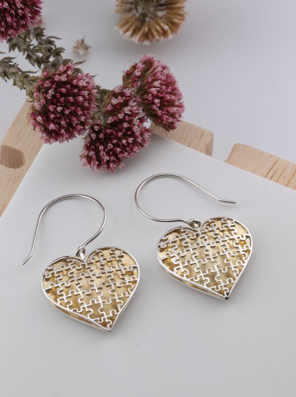 Sterling Silver Puffy Heart Puzzle Earrings Dangle / Chandelier Sterling Silver Puffy Heart Puzzle Earringsv