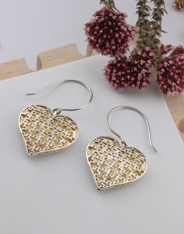 Sterling Silver Puffy Heart Puzzle Earrings Dangle / Chandelier Sterling Silver Puffy Heart Puzzle Earrings
