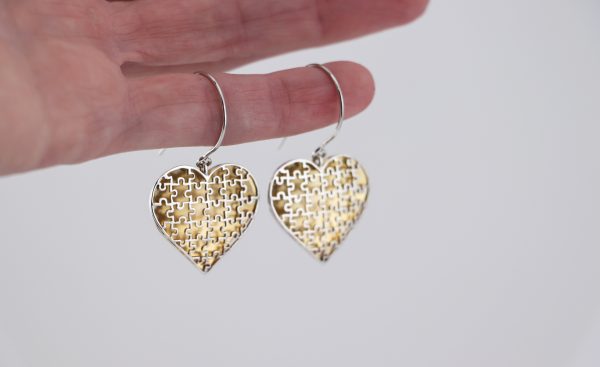 Sterling Silver Puffy Heart Puzzle Earrings Dangle / Chandelier Sterling Silver Puffy Heart Puzzle Earrings