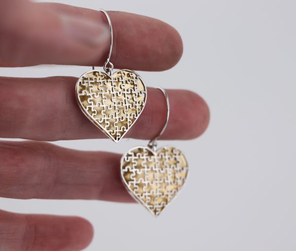 Sterling Silver Puffy Heart Puzzle Earrings Dangle / Chandelier Sterling Silver Puffy Heart Puzzle Earrings