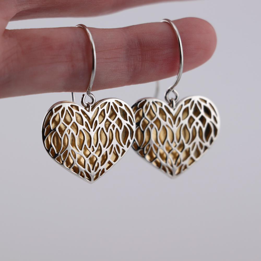 Sterling Silver Skeleton Leaf Pendant Necklaces Puffy Golden Heart Earrings