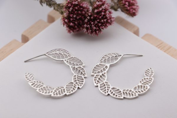Sterling Silver Handmade Leaf Hoop Earrings