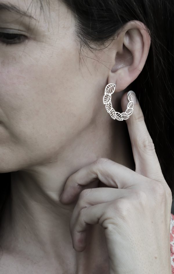 Sterling Silver Handmade Leaf Hoop Earrings