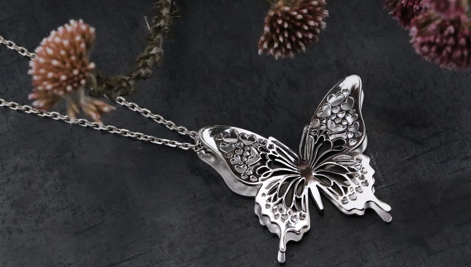 Silver & BlackHeart Butterfly Necklace